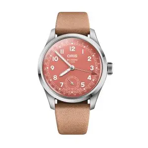 Oris Big Crown Pointer Date Calibre 403 con esfera rosa y correa de cuero claro.