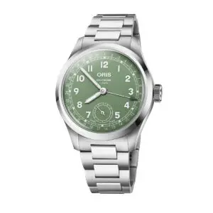 Oris Big Crown Pointer Date Calibre 403 con esfera verde y brazalete de acero.