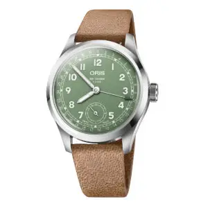 Oris Big Crown Pointer Date Calibre 403 con esfera verde y correa café.