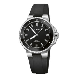 Oris Aquis Date Diamonds con esfera negra y correa de caucho