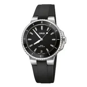 Oris Aquis Date Diamonds con esfera negra y correa de caucho