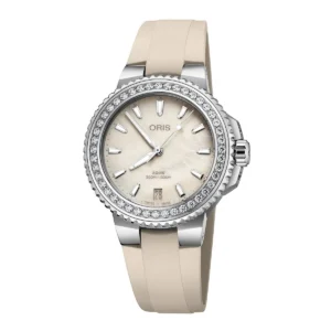 Oris Aquis Date Diamonds con esfera clara y correa de caucho beige
