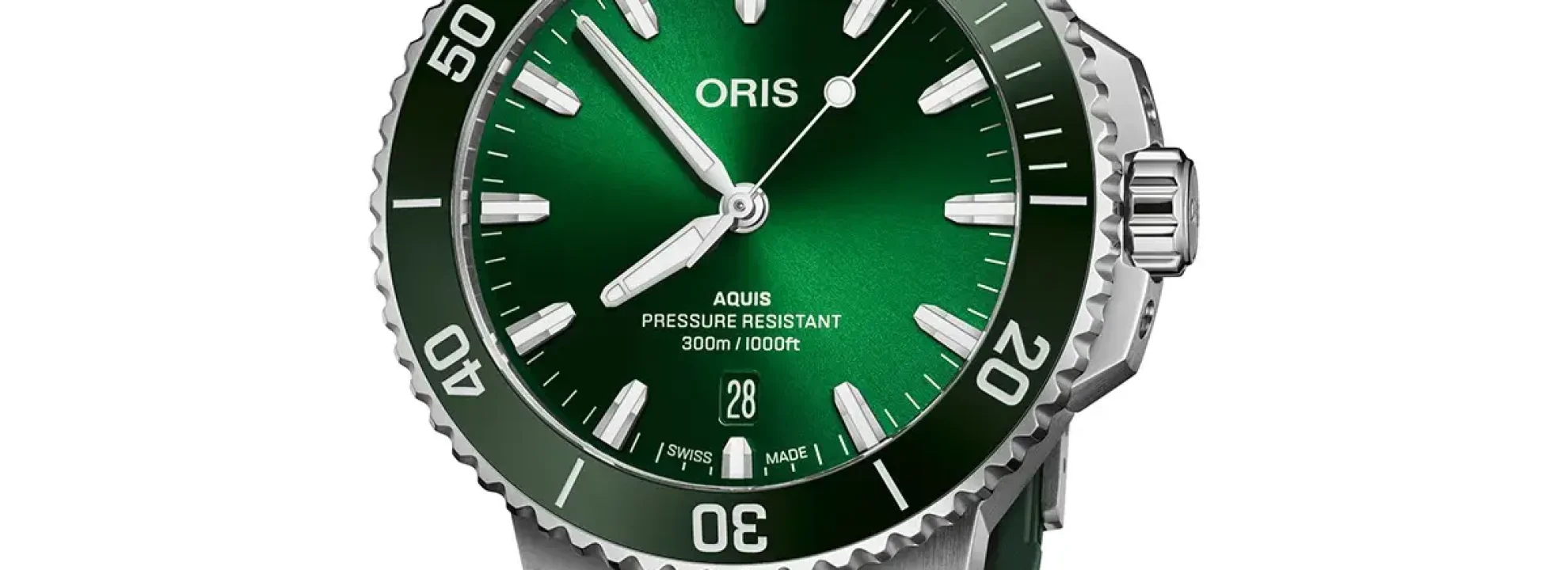 Oris Aquis Date 41.5 mm con esfera verde y correa de caucho verde
