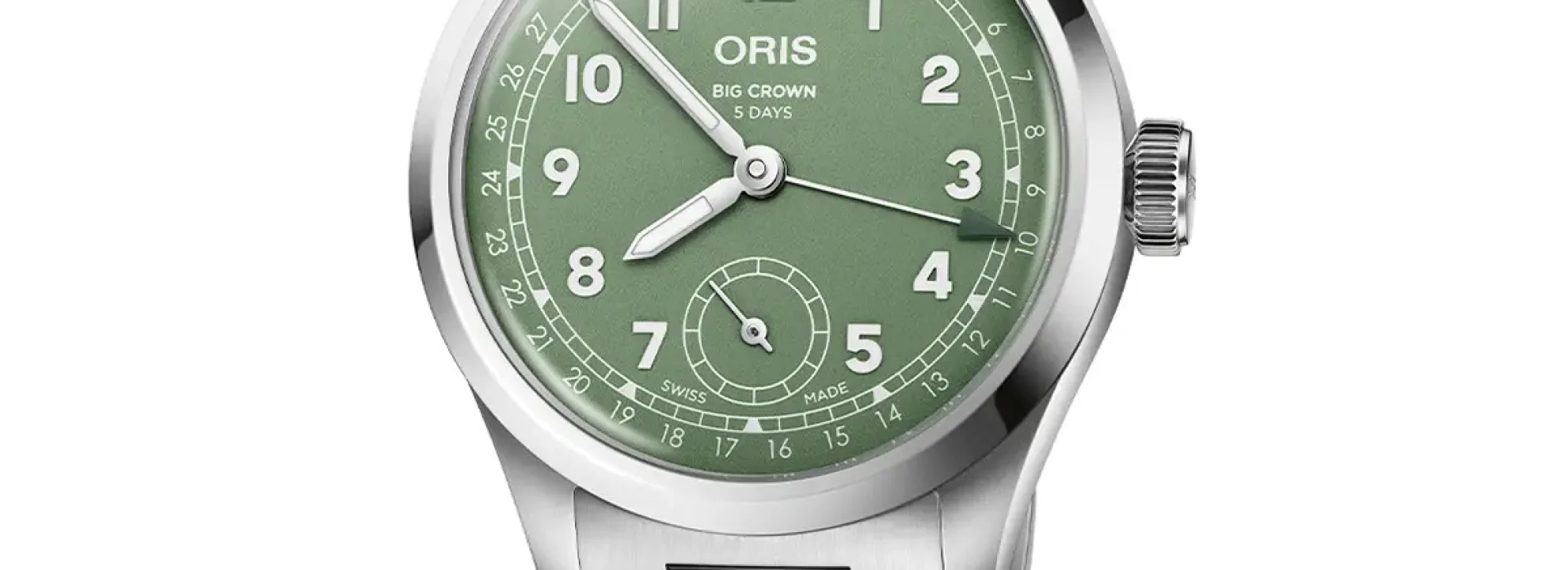 Oris Big Crown Pointer Date Calibre 403 con esfera verde y brazalete de acero.