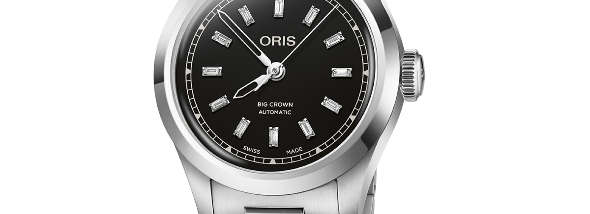 Oris Big Crown Diamonds con esfera negra y brazalete de acero.