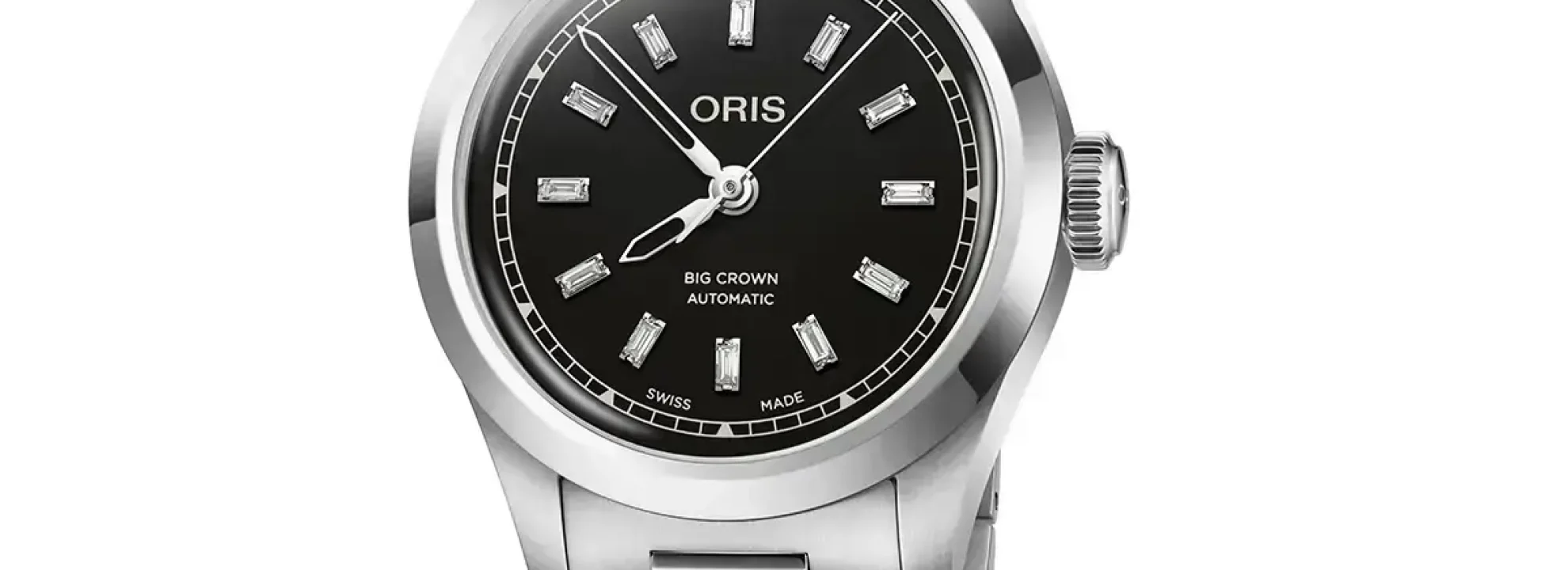 Oris Big Crown Diamonds con esfera negra y brazalete de acero.